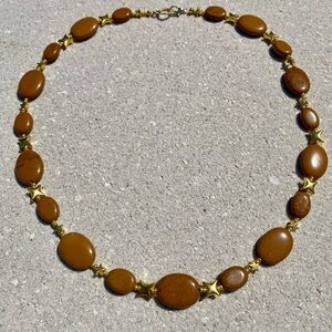 Handmade Jasper Stone and Gold Star & Crystal Necklace
